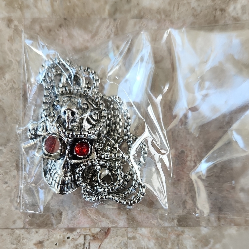 Silver Skull Pendant with Red Accents, New - Picture 2 of 5